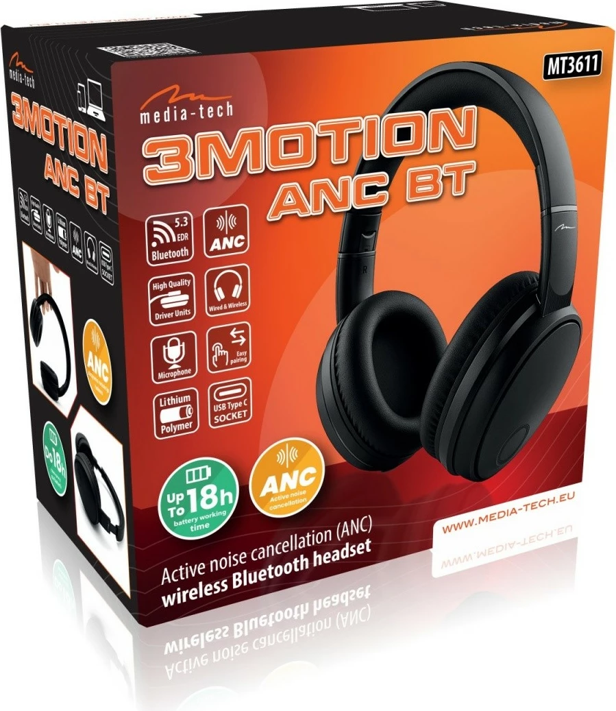 Kufje pa tela Media-Tech MT3611, ANC, Bluetooth 5.3, 3.5 mm dhe USB-C, mbi vesh, e zezë