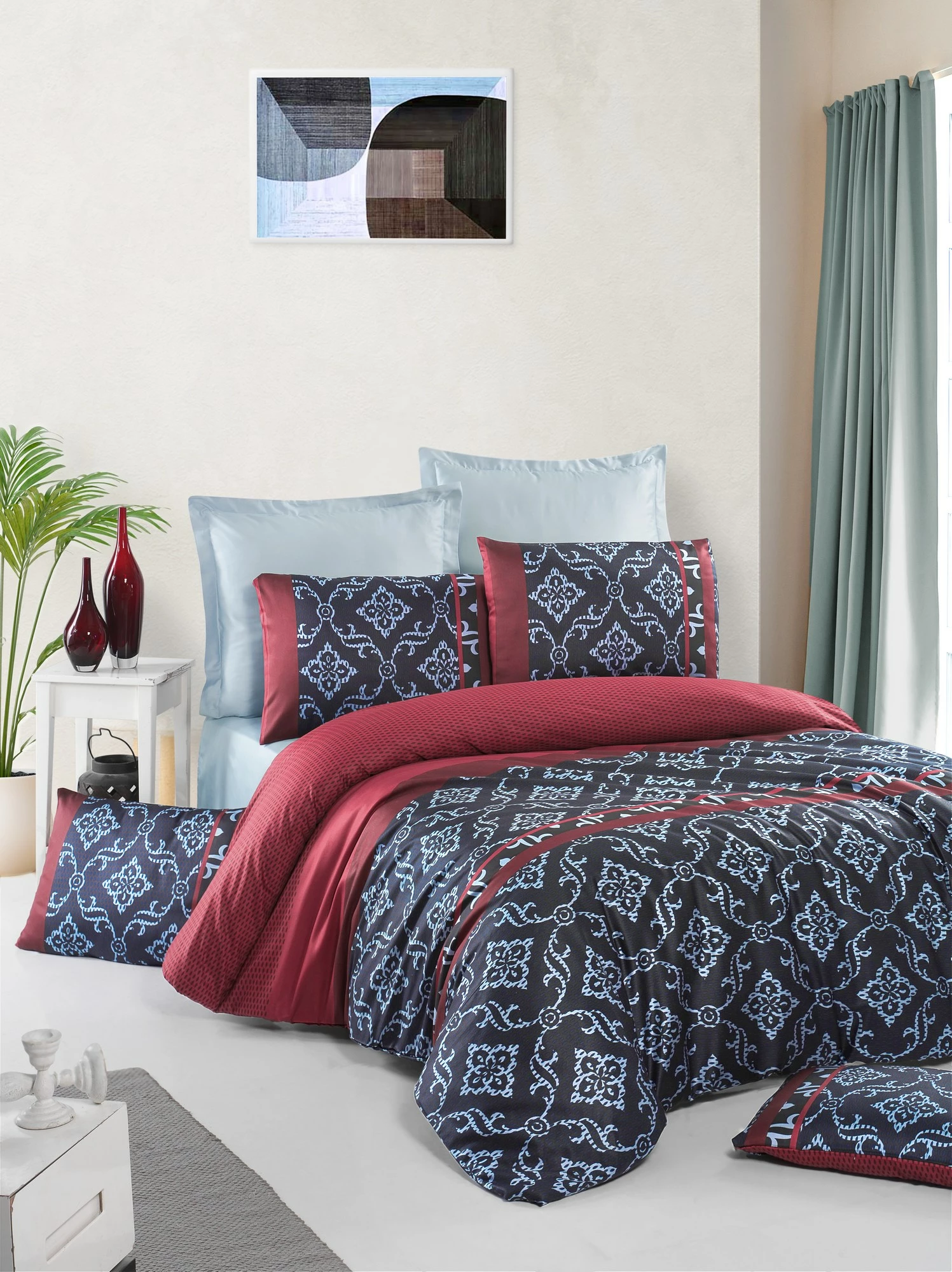 Set mbulesë jorgani njëpersonëshe satin, ngjyrë e kuqe, e zezë, kaltër e çelët, L'essentiel, Leena