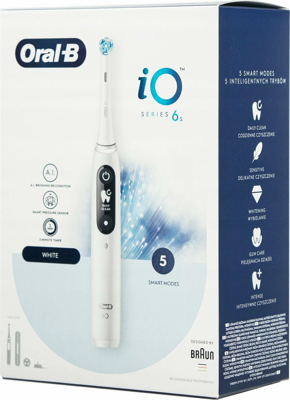 Furçë dhëmbësh elektrike Oral-B iO Series 6, 5 mënyra, OLED, me sensor presioni, me aplikacion, set 1 kokë + stacion karikimi + kuti udhëtimi, e bardhë