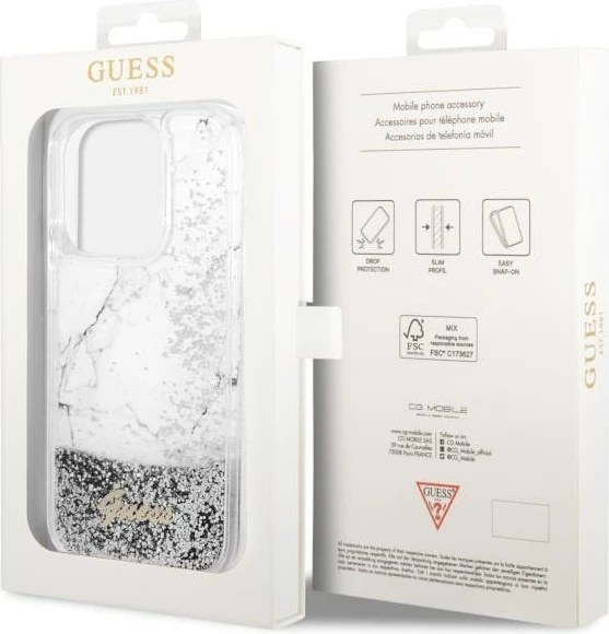 Mbështjellës Guess Liquid Glitter Marble për iPhone 14 Pro 6.1", i bardhë