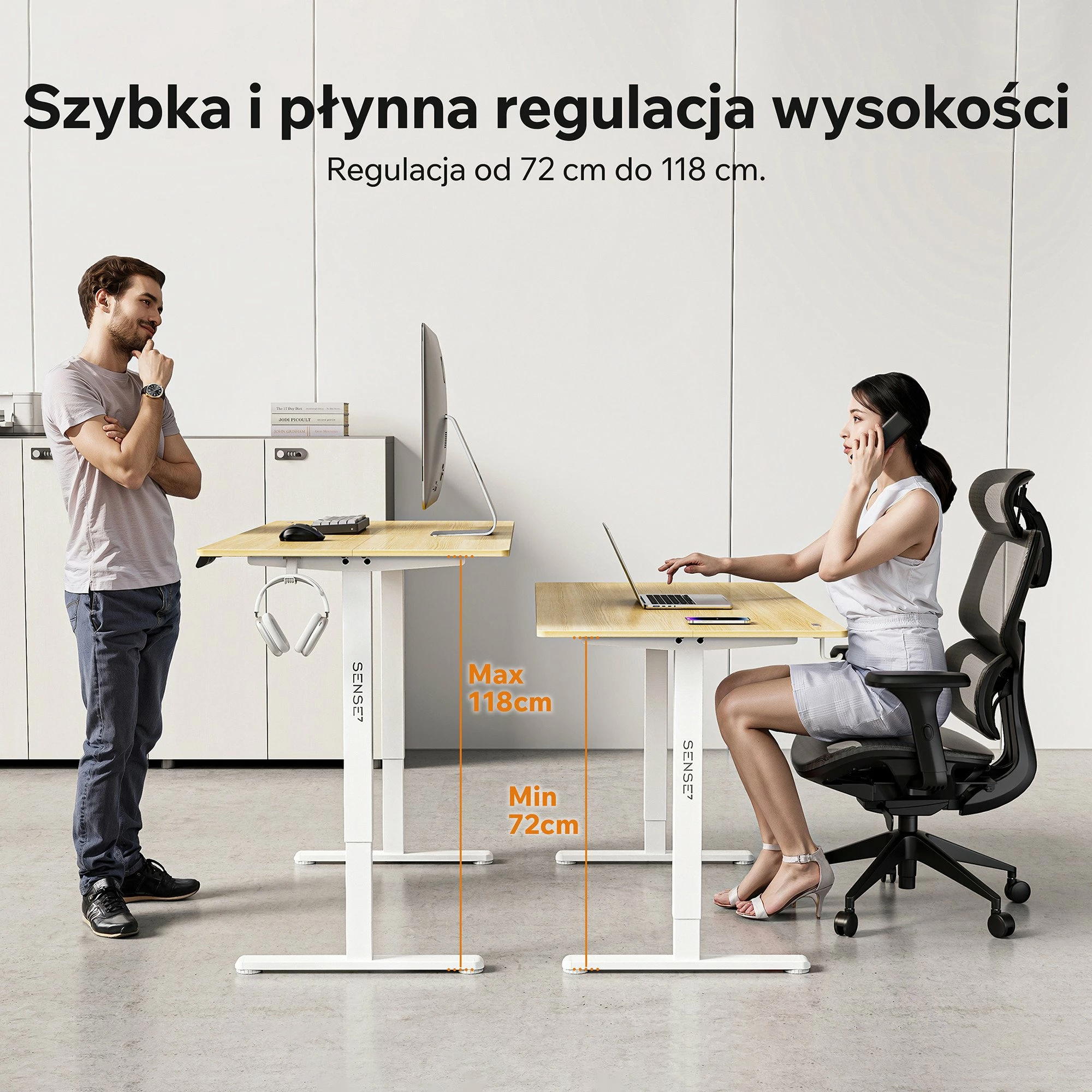 Tavolinë zyre/gaming elektrike SENSE7 NOJO LIGHT 140x70 cm, rregullim lartësie 72-118 cm, max 70 kg, kafe e çelët/bardhë, me mbajtëse kufjesh/çantë 2 copë