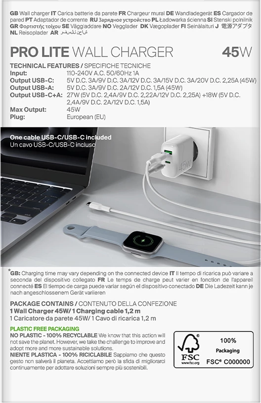 Karikues Puro Daily Prolite 45W me USB-C, USB-A dhe kabllo USB-C, Bardhë