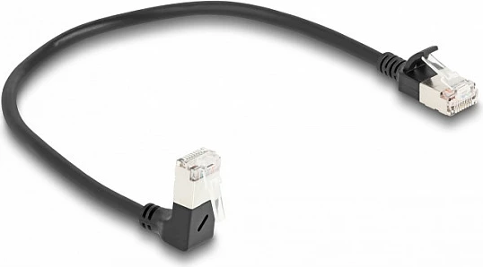 Kabllo rrjeti DeLOCK RJ45 Cat6a S/FTP Slim 0.25m, 90°/Straight, e zezë