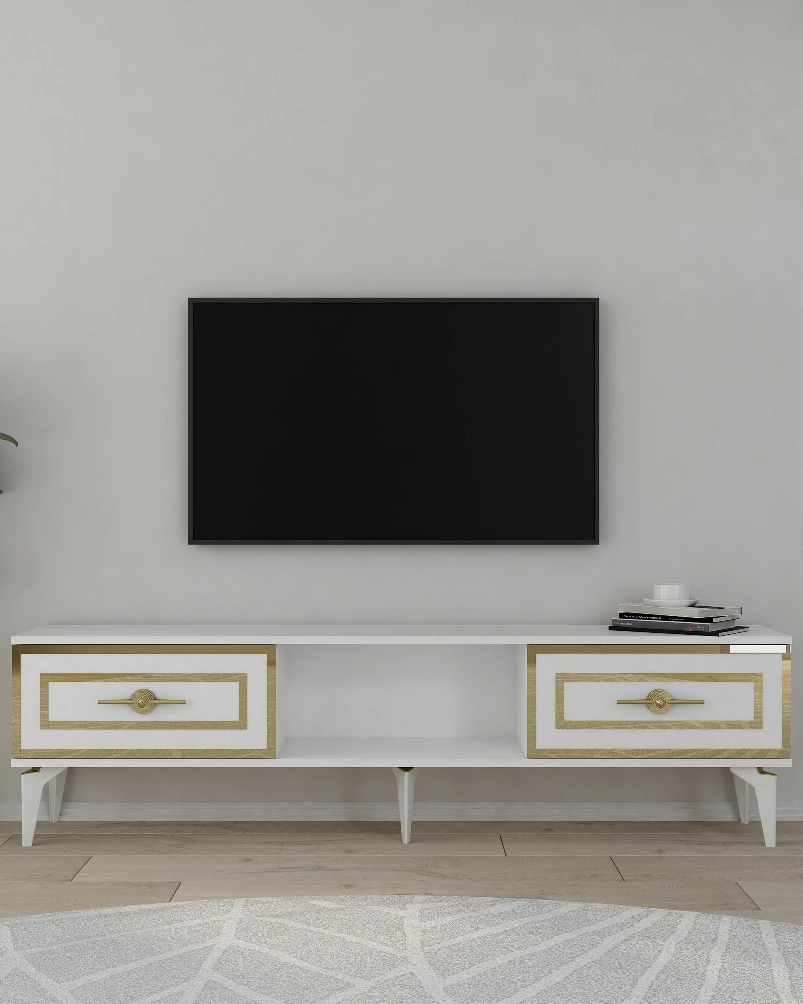 Komodë TV Skye Decor, e bardhë, e artë