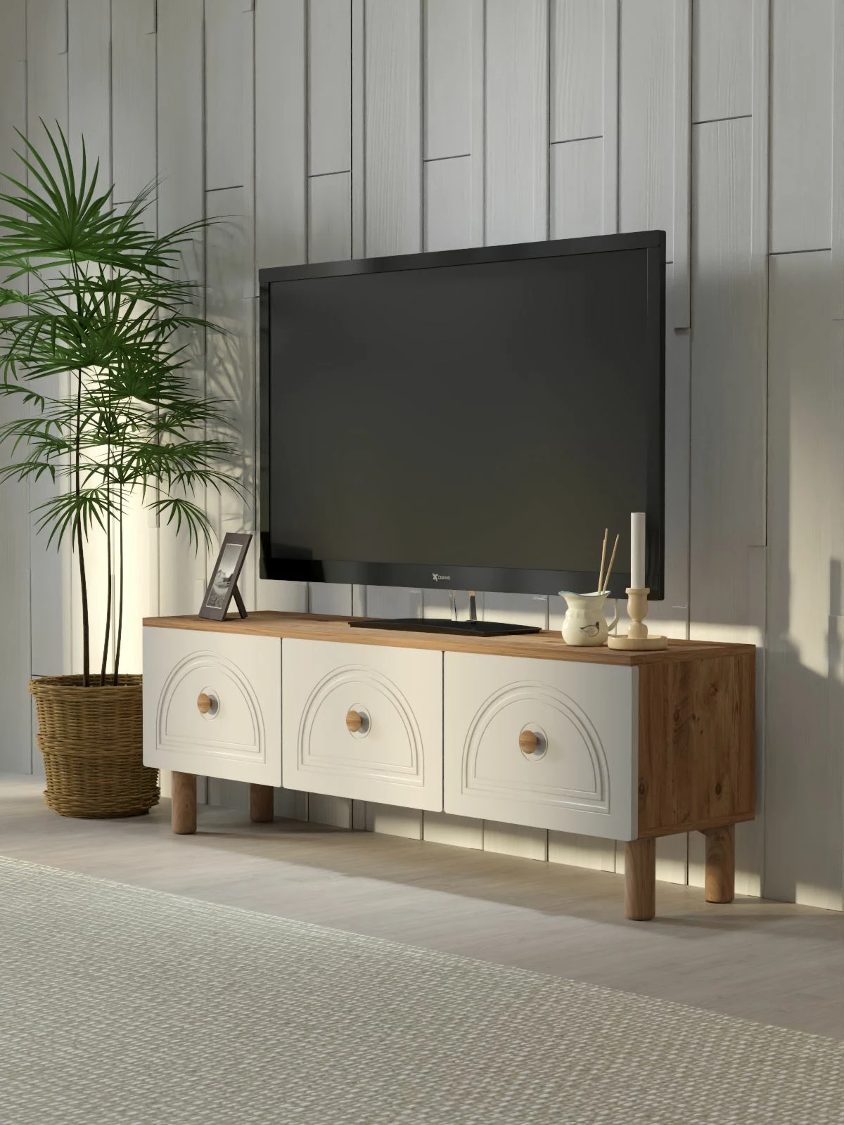 Komodë TV Skye Decor, Mavora 135, ngjyrë pishë Atlantike dhe e bardhë