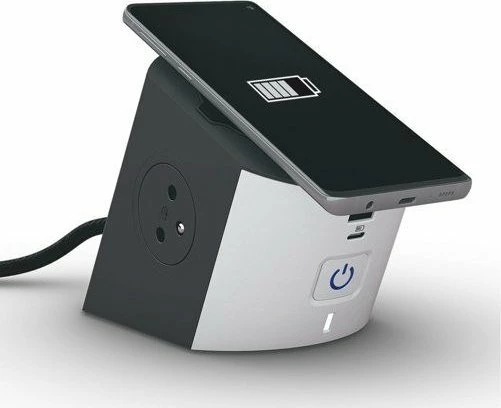 Zgjatues rryme Legrand 2x2P+Z me karikim wireless Qi + USB-A/USB-C, 2 m, gri e errët/ e bardhë