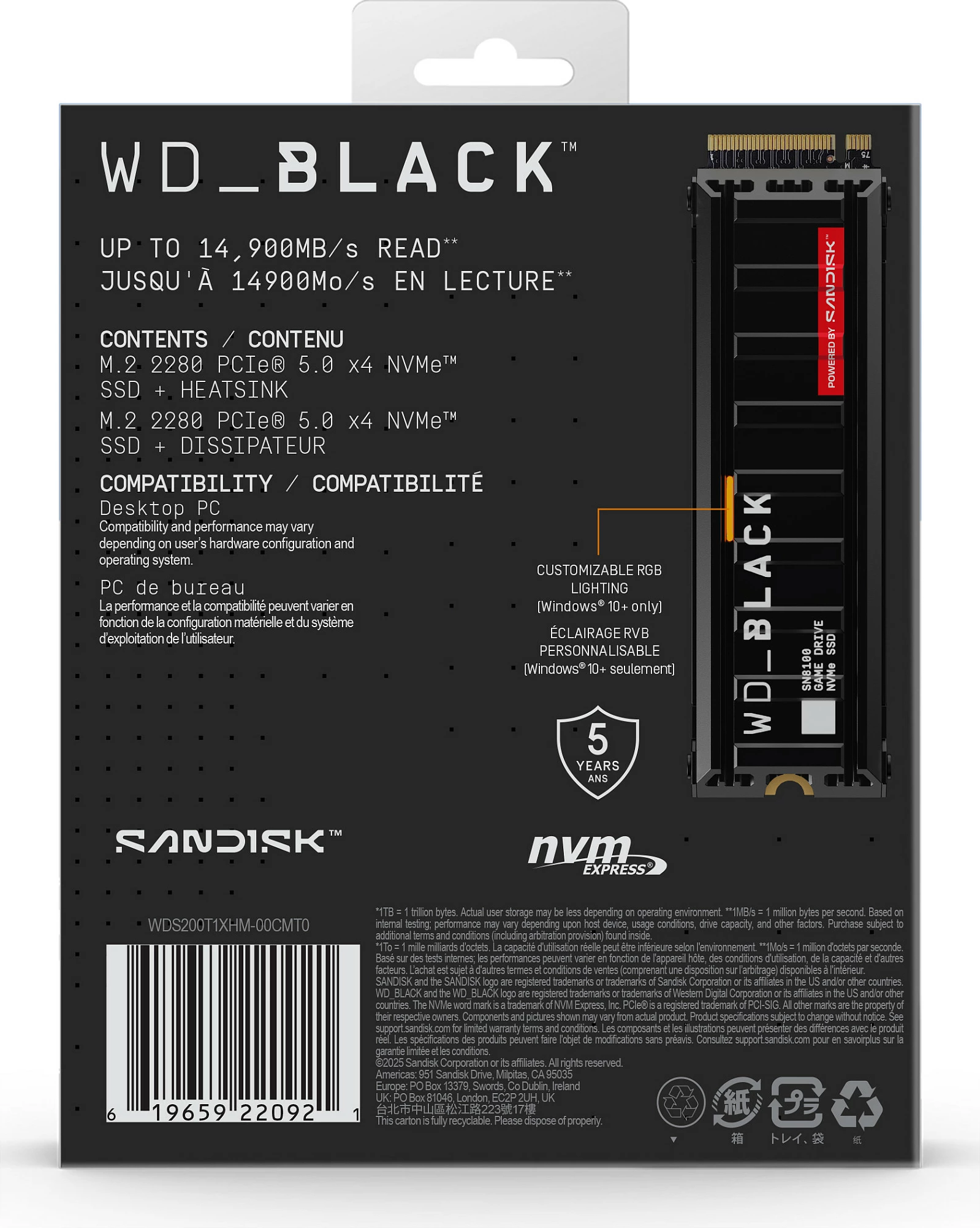 SSD NVMe M.2 WD_BLACK SN8100 2TB, PCIe 5.0 x4, me heatsink, i zi