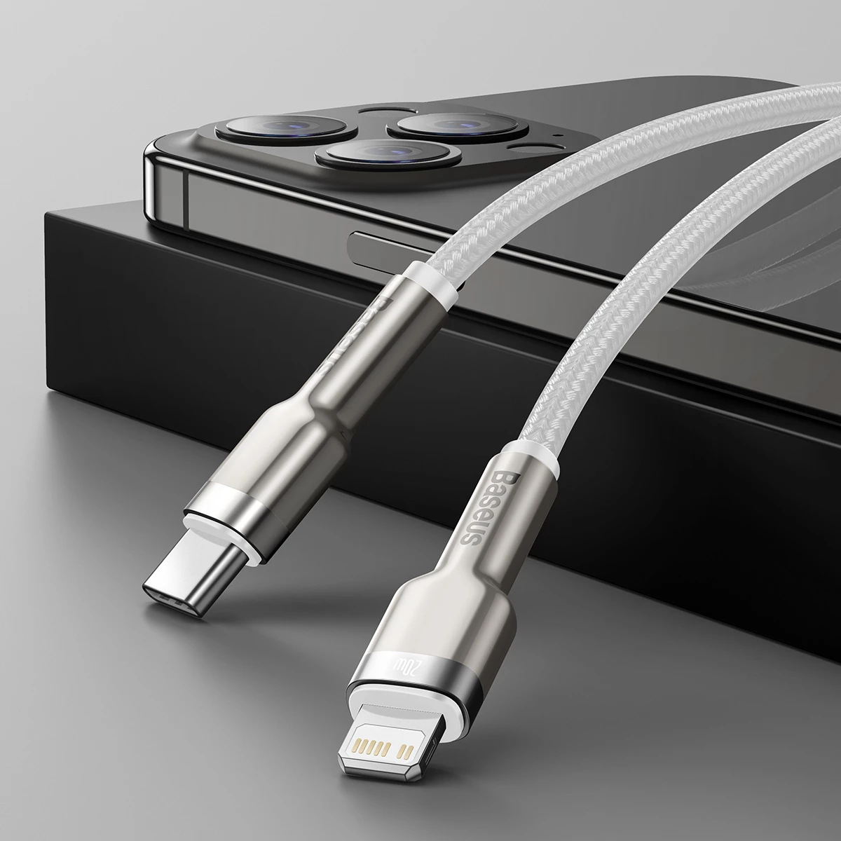 Kabllo Baseus Cafule Series Metal Data CATLJK-B02, USB-C në Lightning, 2m, 20W, Bardhë