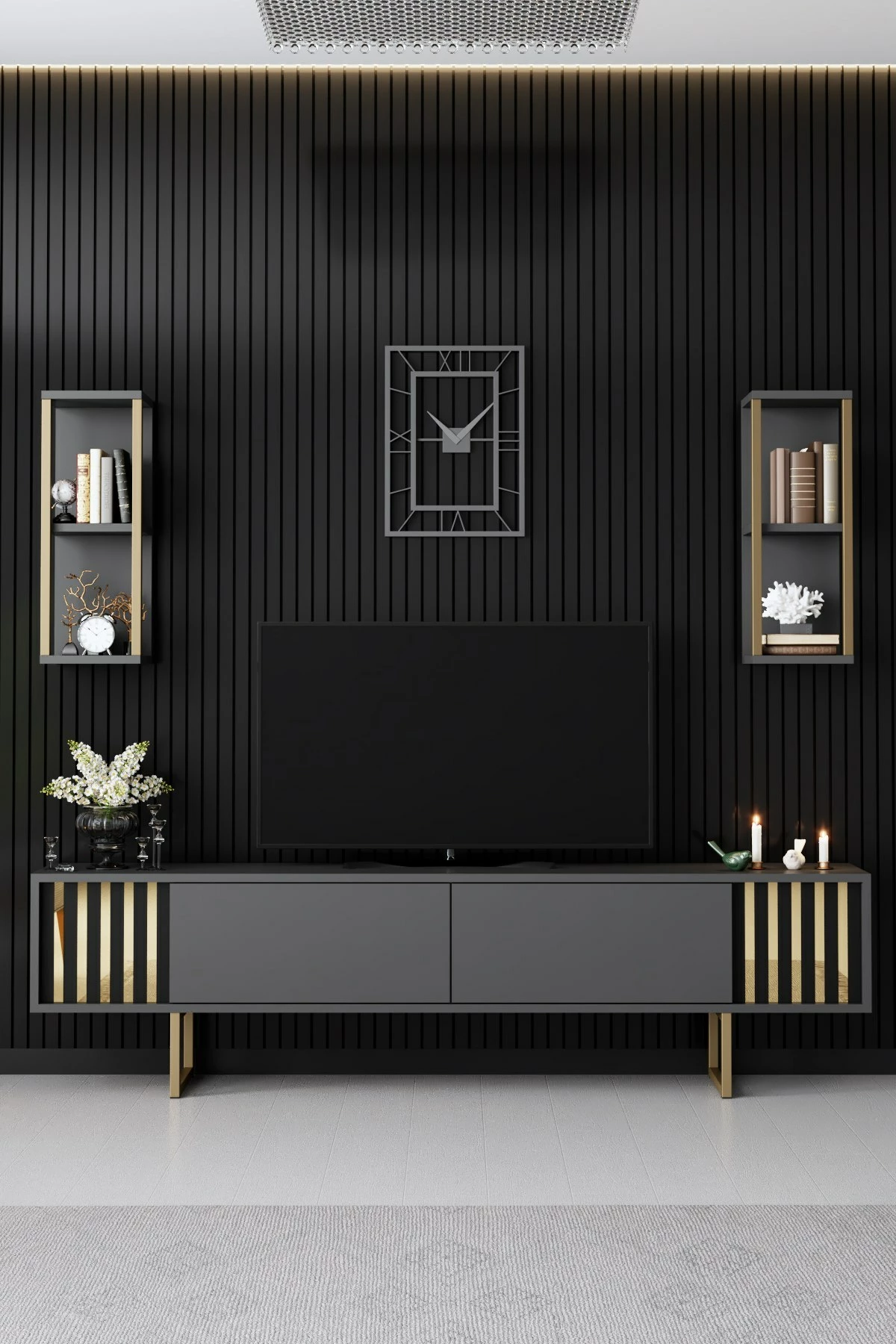 Set mobiljesh për dhomë dite, Skye Decor, linjë ari, anthracite, ari