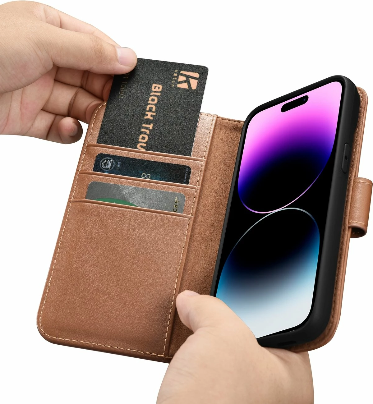 Mbështjellës iCarer Wallet Case 2in1 për iPhone 14 Pro, lëkurë natyrale, Anti-RFID, Kafe