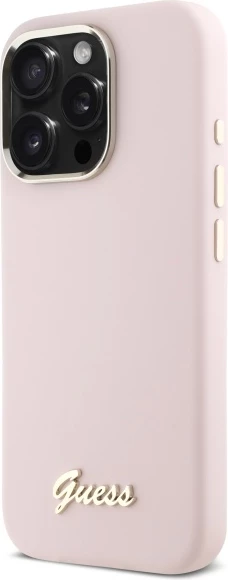 Mbështjellës Guess Silicone Script Metal Logo & Frame për iPhone 16 Pro Max, Rozë