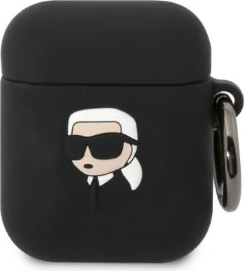 Mbështjellës Karl Lagerfeld për AirPods 1/2, Silicone Karl Head 3D, i zi, me unazë
