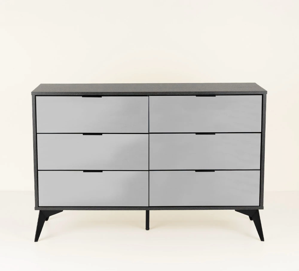 Komodë Specchio me 6 sirtarë, ngjyrë lis i zi, pasqyrë, 120x39x80