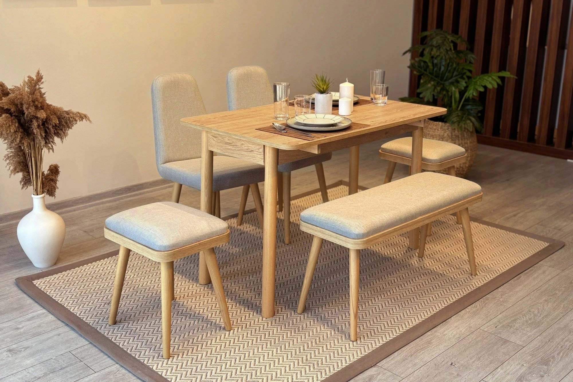 Set tavoline me karrige për ngrënie, zgjatës, 6 pjesë, Skye Decor, Vina Mini 03 1005, ngjyrë lis dhe krem