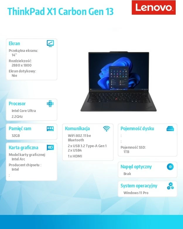 Ultrabook Lenovo ThinkPad X1 Carbon Gen 13, Intel Core Ultra 7 258V, 32 GB RAM, 1 TB SSD, 14" OLED, Zi