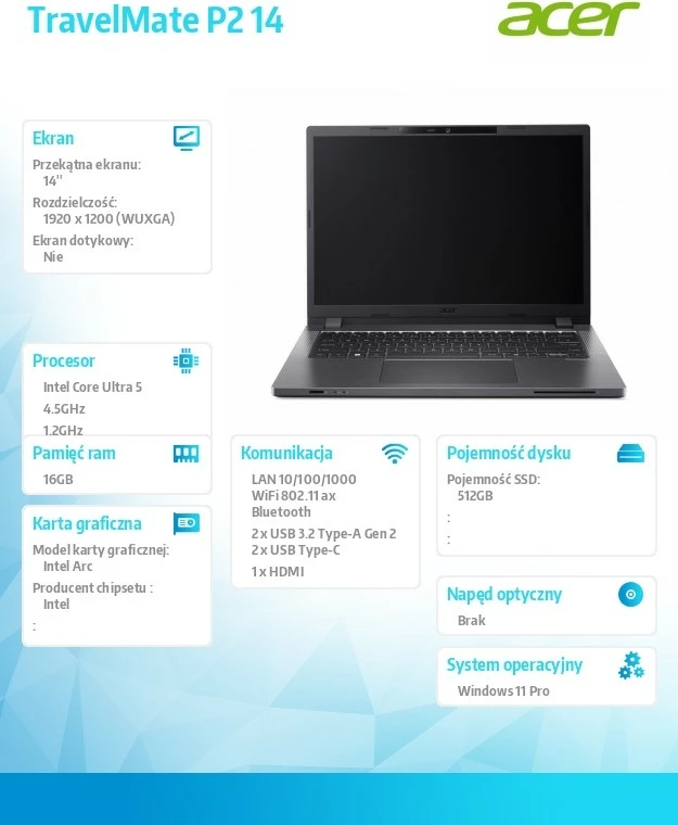 Laptop Acer TravelMate P2 14 TMP214-75-G3-TCO, 14\", Core Ultra 5 125H, 16GB RAM, 512GB SSD, Windows 11 Pro, gri