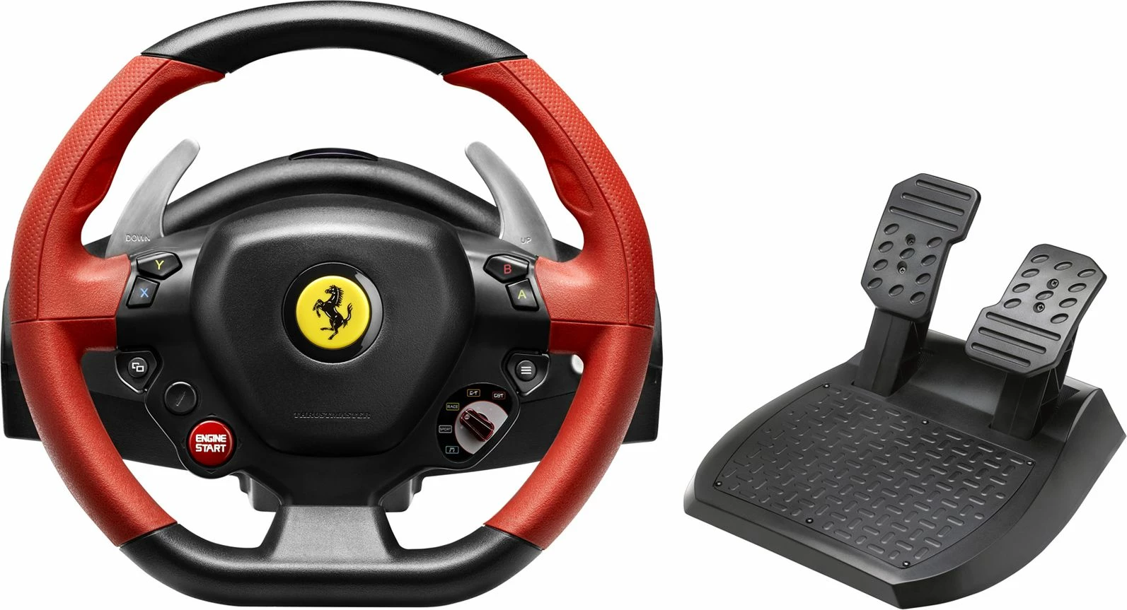 Timoni gaming Thrustmaster F458 Spider 4460105, për Xbox One/Xbox Series X|S, 28 cm, 240°, me pedale, me kabllo 3 m, zi/kuqe, set