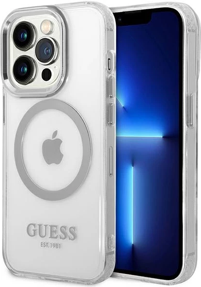 Mbështjellës Guess Metal Outline Magsafe për iPhone 14 Pro 6.1", argjendtë/transparente