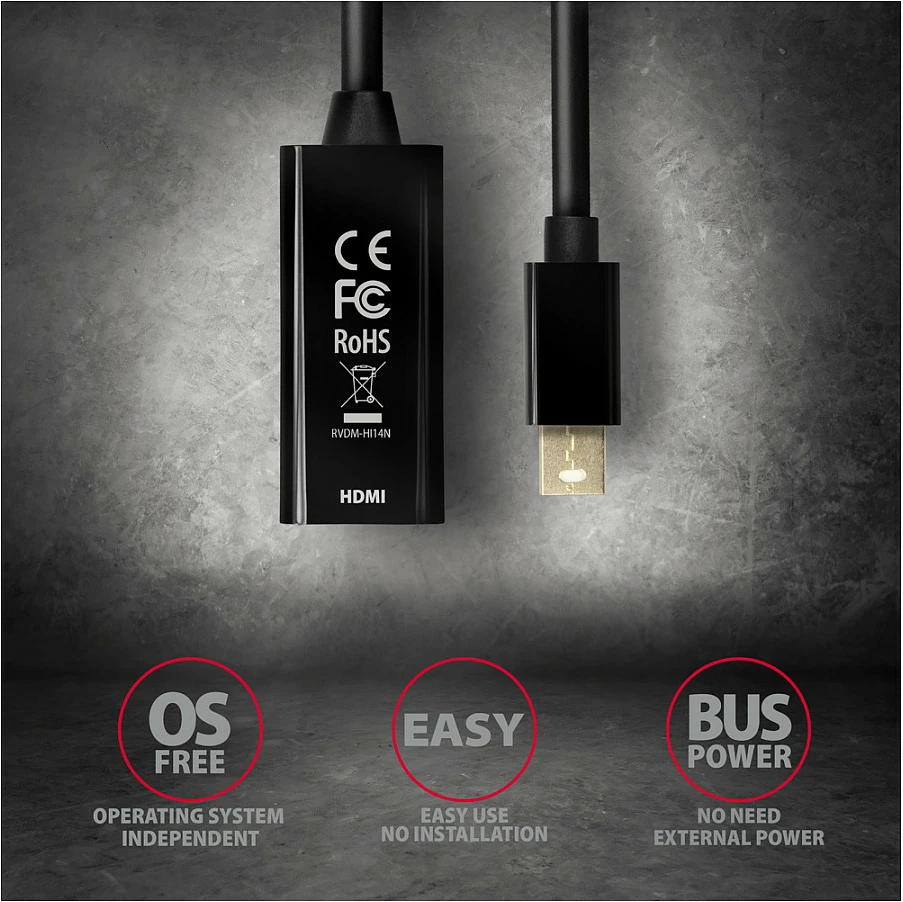 Adapter Mini DisplayPort në HDMI Axagon RVDM-HI14N, 4K 30Hz, 15cm, i zi