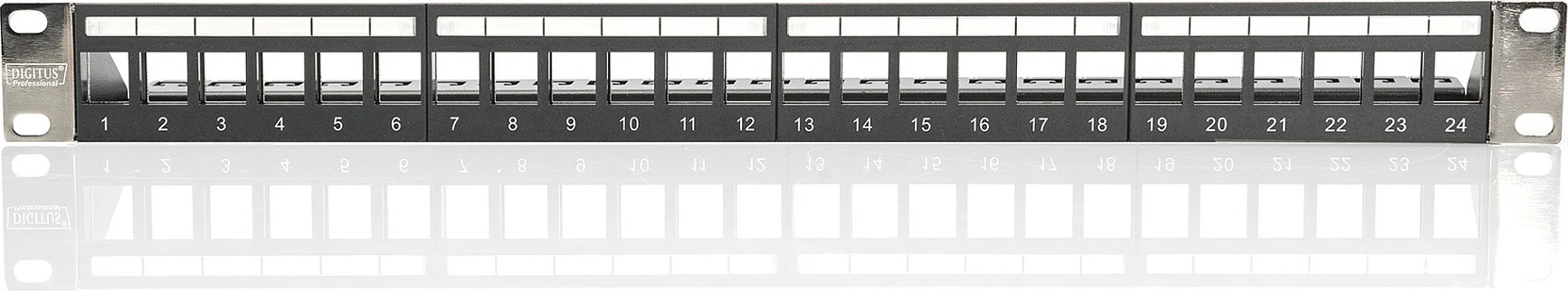 Patch panel modular Digitus 1U, 24 porte, për keystone, Cat5e/Cat6/Cat6a, i zi
