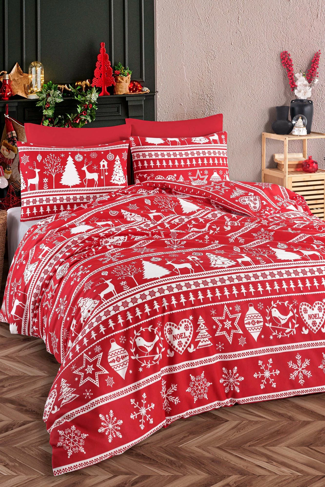 Set mbulesë jorgani për një person, ngjyrë e kuqe Claret dhe e bardhë, L'Essentiel Linge de Maison, Snowmas