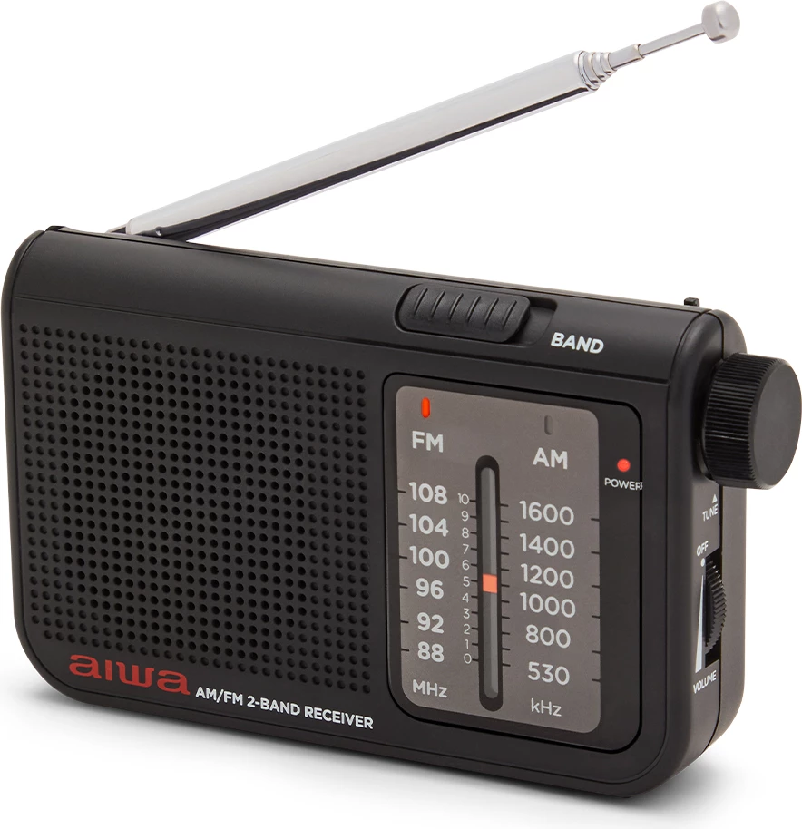 Radio xhepi Aiwa RS-55, FM/AM, antenë teleskopike 48 cm, dalje 3.5 mm, punon me 2xAA, e zezë, set me kufje + çantë mbrojtëse + rrip dore + bateri (2 copë)