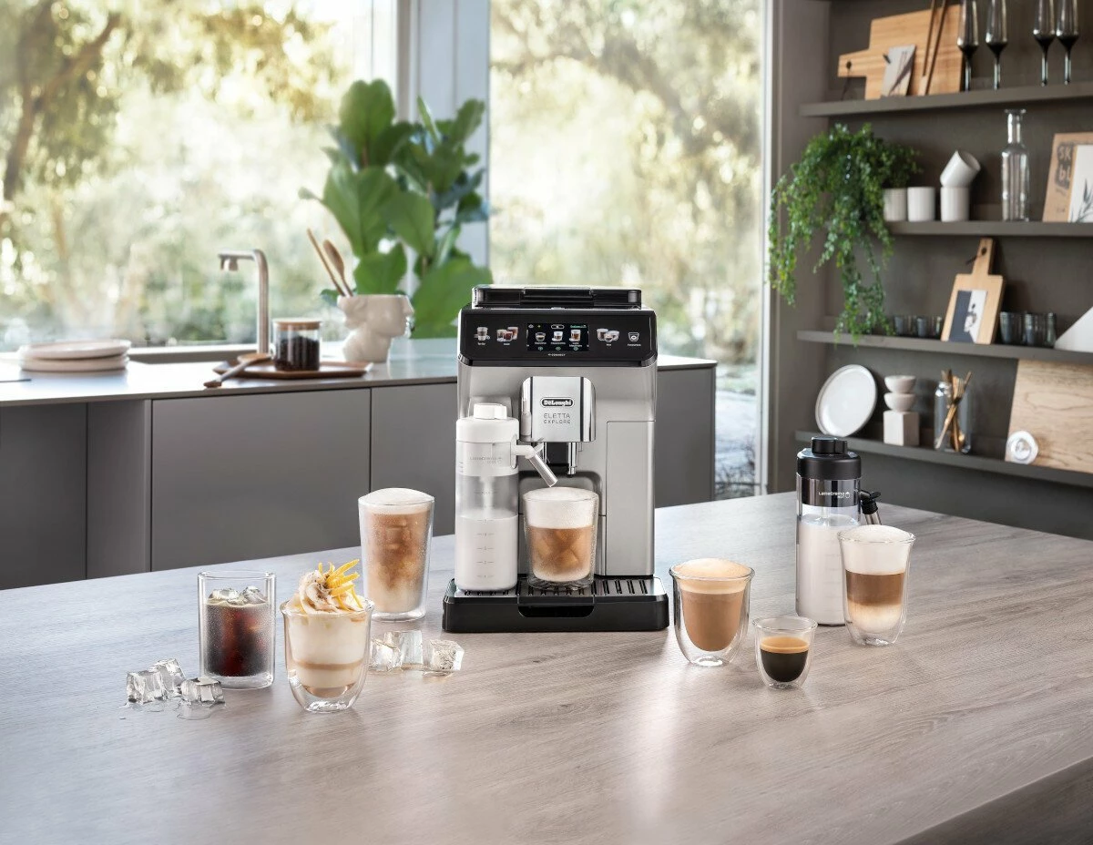 Makinë espresso DeLonghi Eletta Explore ECAM450.86.T, automatike bean-to-cup, Cold Brew, Wi‑Fi, me gotë termike, ngjyrë titanium