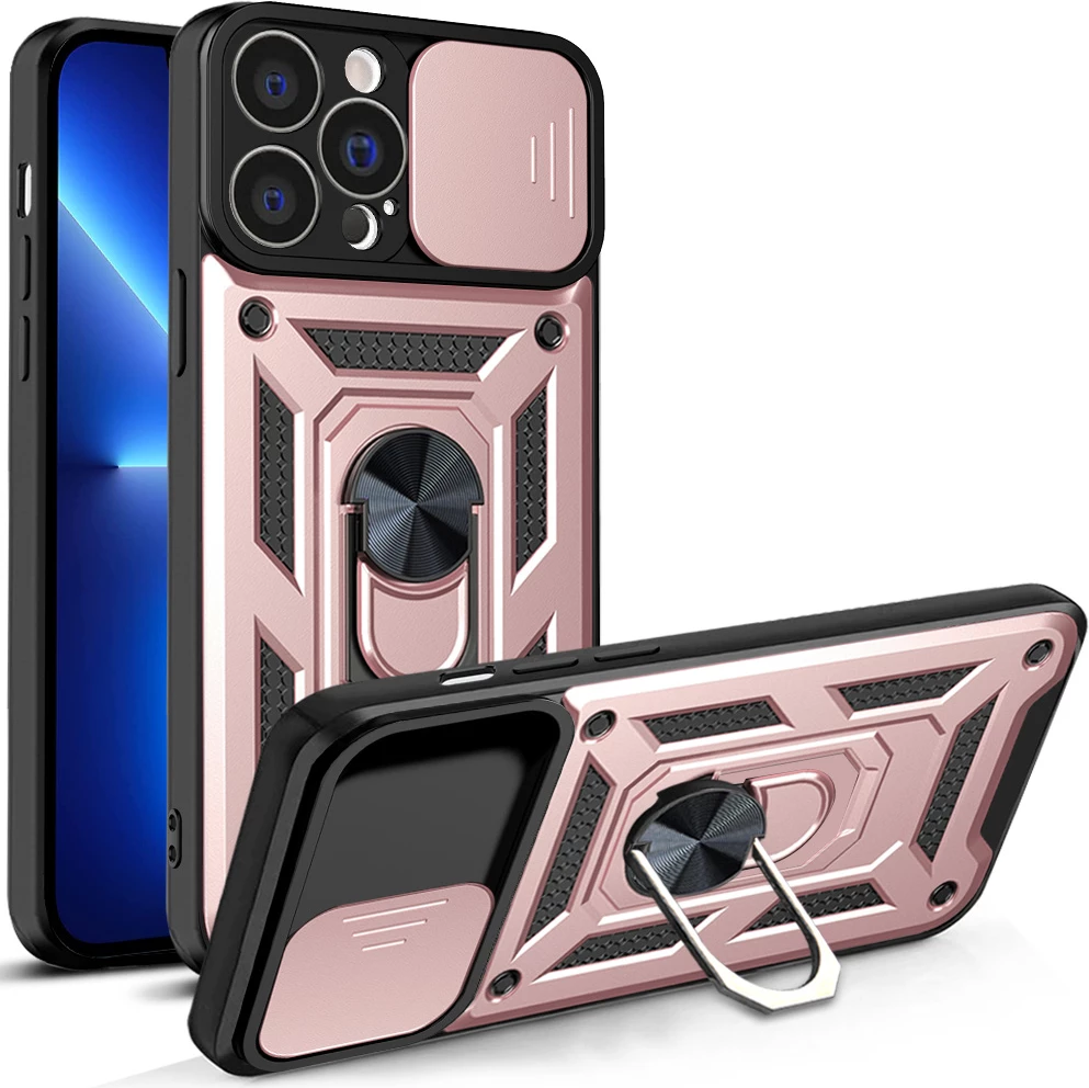 Mbështjellës Hurtel Hybrid Armor Camshield për iPhone 13 Pro, me kapak kamere, unazë metalike, Rozë