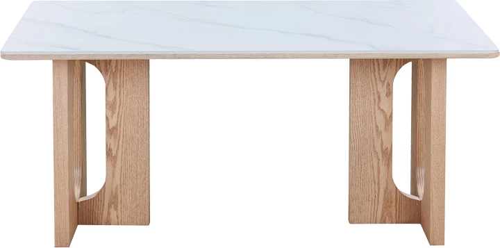 Tavolinë ngrënieje Benqui, gur i sinterizuar, MDF, ngjyrë mermeri të bardhë, bazë natyrale, 160x90x75cm