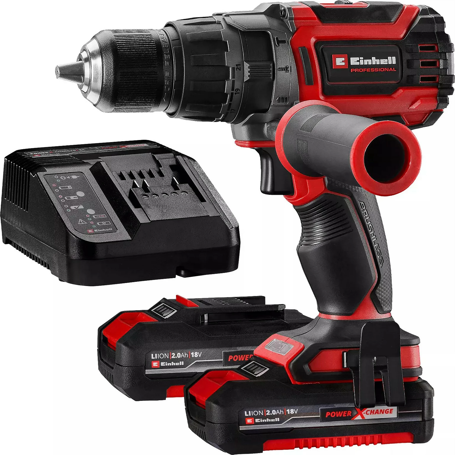 Bormashinë me bateri Einhell TP-CD 18/70 Li-i BL, 18V, 2x2Ah, 70Nm, e zezë/kuqe