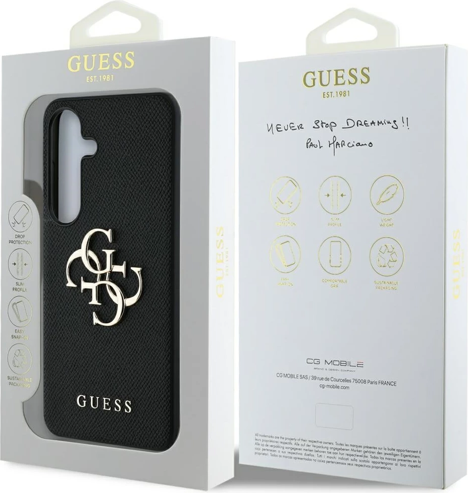 Mbështjellës Guess Grained Big 4G Logo Small Classic Logo për Samsung Galaxy S25, i zi
