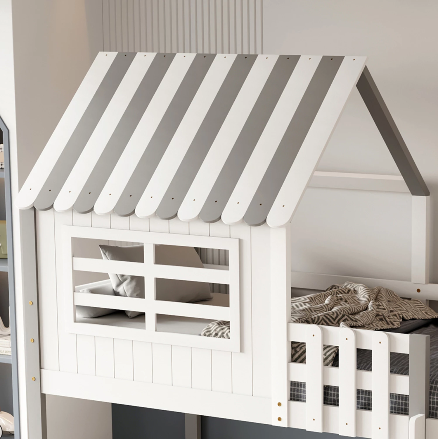 Krevat për fëmijë Montessori me rafte, druri pishe, bardhë-gri, HOMI FH712, për dyshek 90x190cm