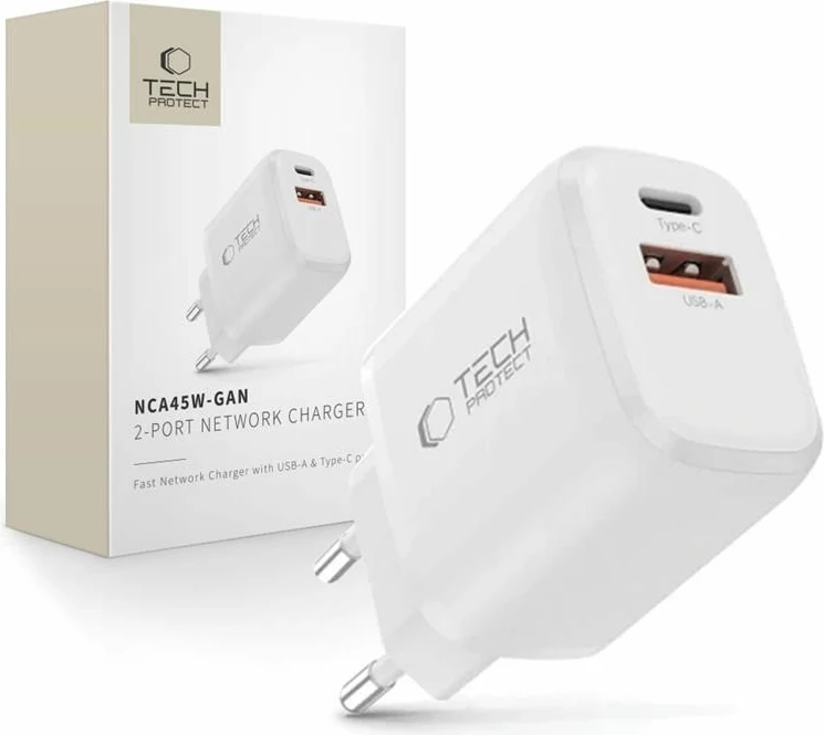 Karikues muri Tech-Protect NCA45W-GAN 45W, 2 porta USB-C/USB-A, GaN, PD 3.0 & QC 3.0, i bardhë, 1 copë