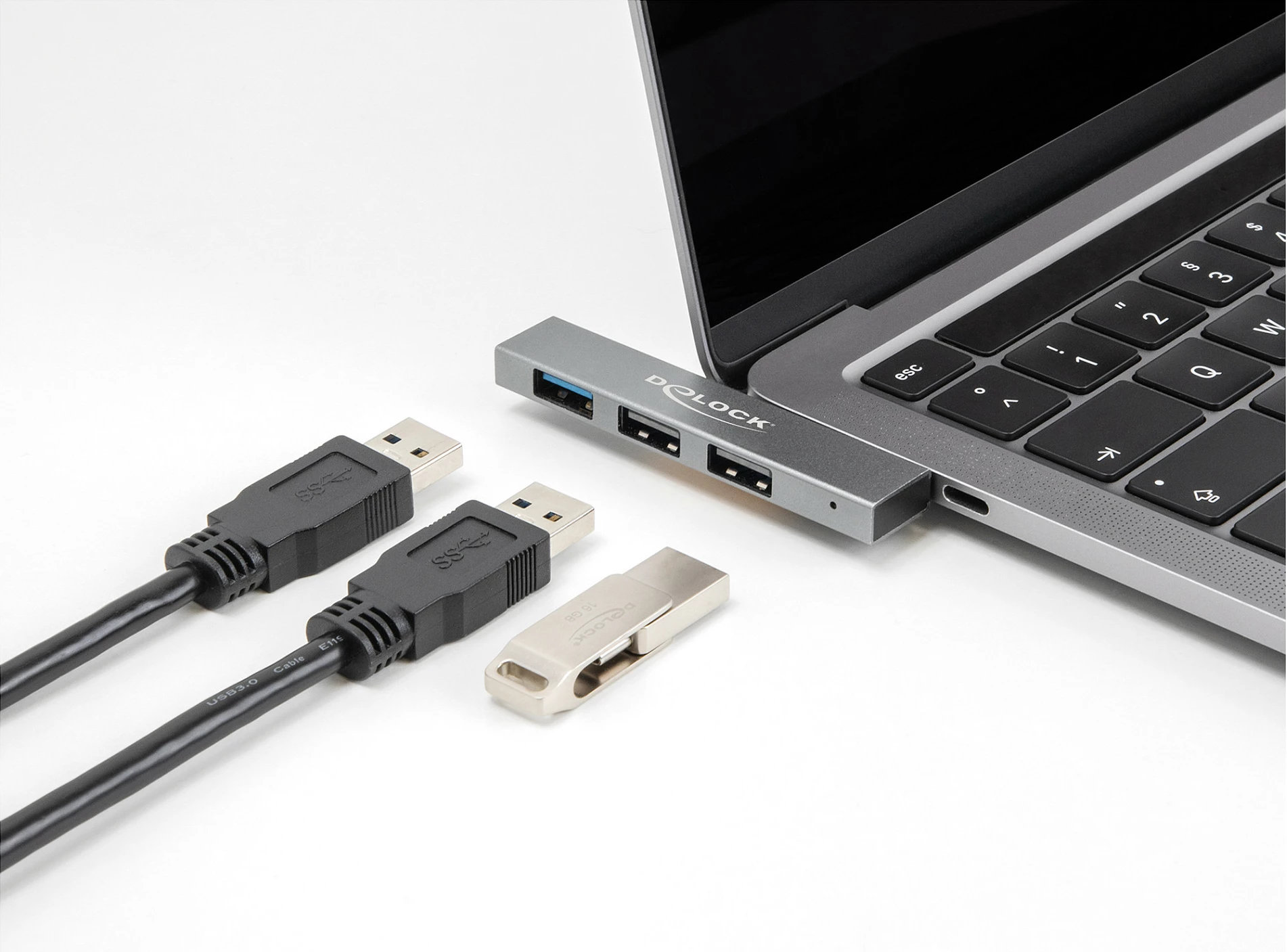 USB hub DeLOCK 3-Port Slim USB-C, 10 Gbps, 1x USB-A 3.2 Gen 2 + 2x USB 2.0, metal, gri