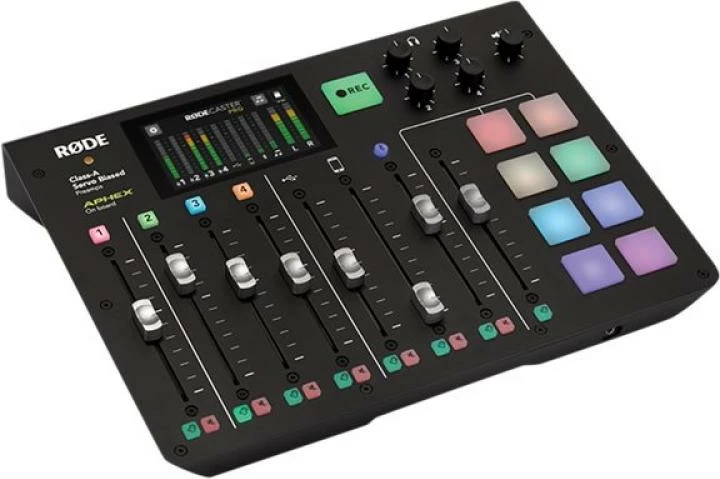 Konsolë audio prodhimi për podcast/streaming, RØDE RodeCaster Pro, shumëkanale me fader-a dhe pads efektesh, 420x340x130 mm, e zezë