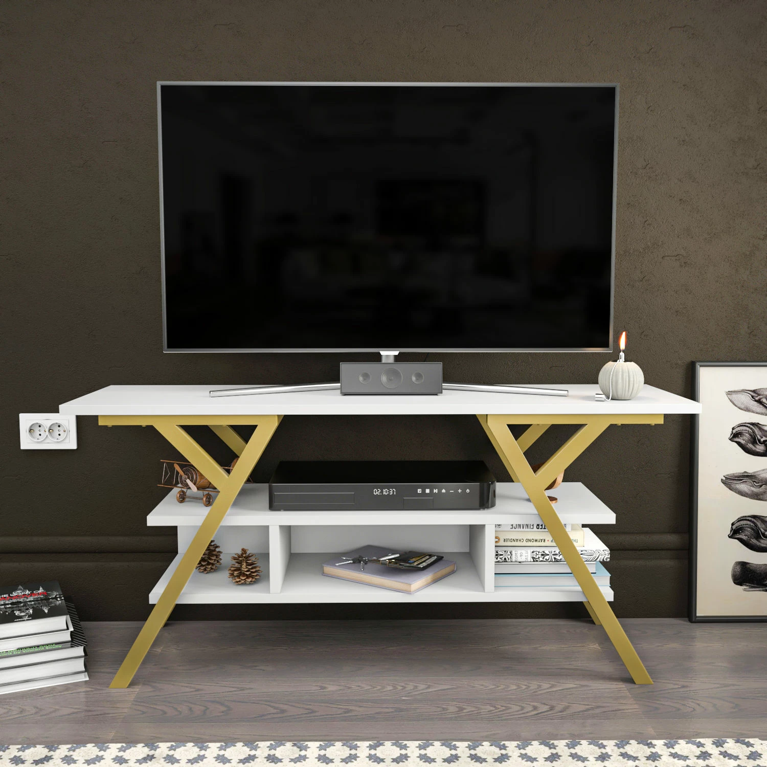 Komodë TV Skye Decor, Minerva, ngjyrë ari dhe e bardhë
