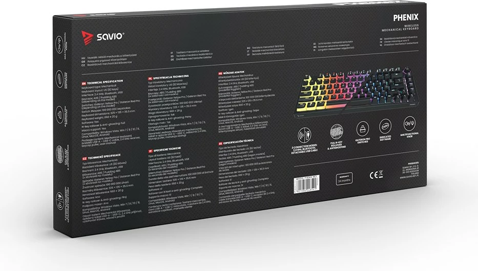 Tastierë mekanike wireless Savio PHENIX, Gateron Red Pro, Pudding, e zezë