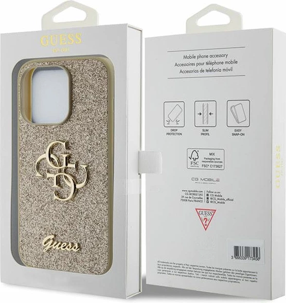 Mbështjellës Guess Glitter Script Big 4G për iPhone 15 Pro Max, Ari