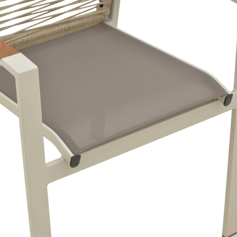 Karrige me krahë e grumbullueshme Aegean, alumin, litar krem, doreza teak, 57x64x87cm