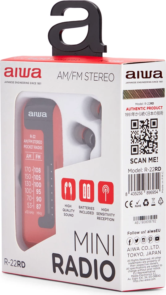Radio xhepi AM/FM, Aiwa R-22, HyperBASS, tunim analog ETS, me kufje in-ear, e kuqe, set me bateri AAA