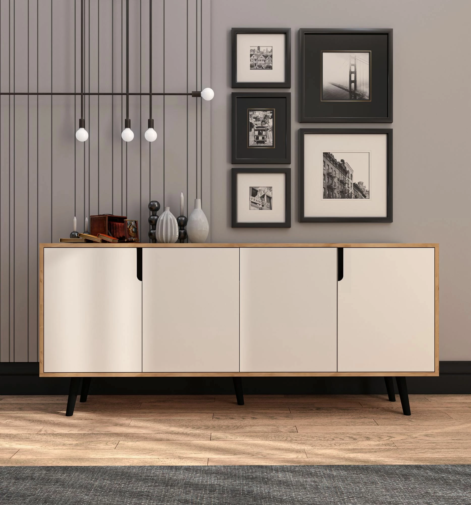 Konsol modern Skye Decor, ngjyrë lisi safir dhe e bardhë, 180 cm