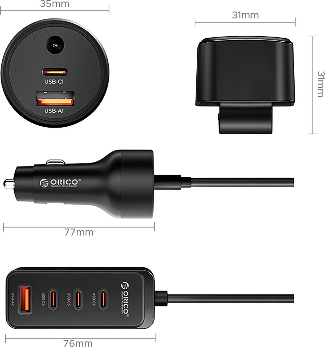 Karikues veture Orico ChargeClip 108W 2x USB-A + 4x USB-C me kapëse, i zi