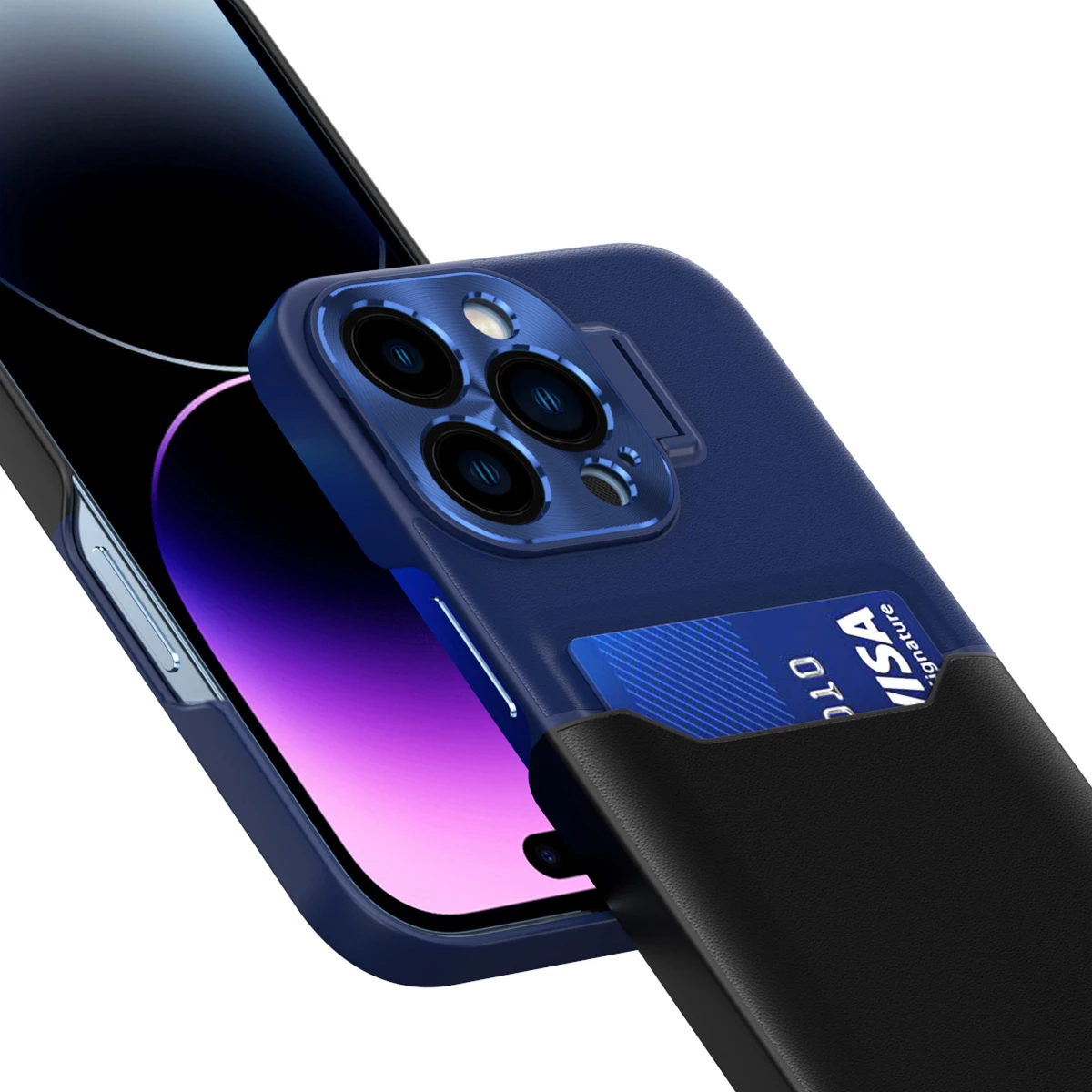 Mbështjellës Hurtel Leather Stand Case për iPhone 14 Pro Max, me xhep për kartela dhe stand, Kaltër
