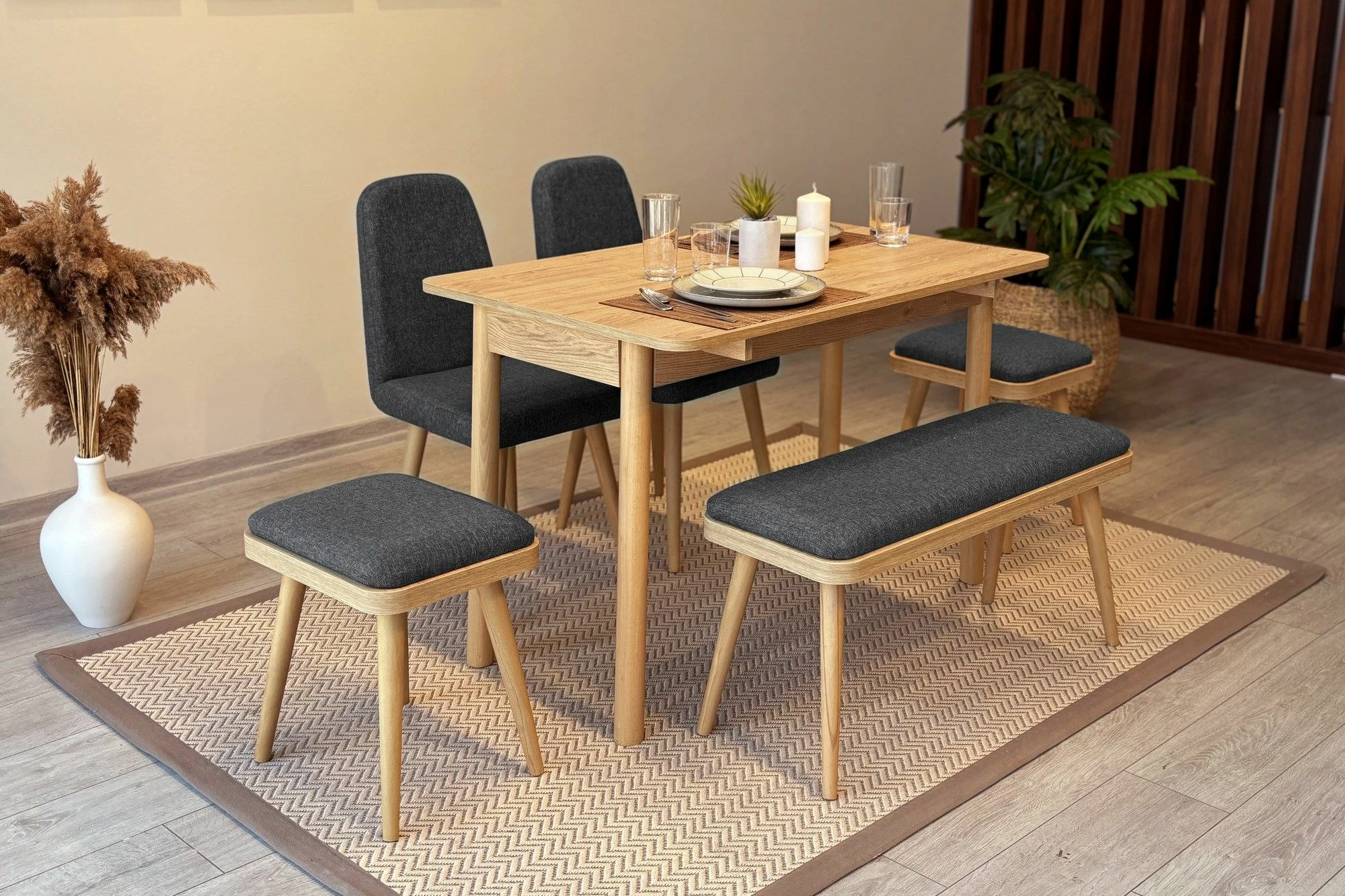 Tavolinë me karrige, set 6 pjesësh, ngjyrë lis dhe antracit, Vina Mini 03 1053