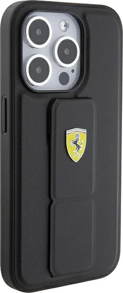 Mbështjellës Ferrari Grip Stand Metal Logo për iPhone 15 Pro, i zi