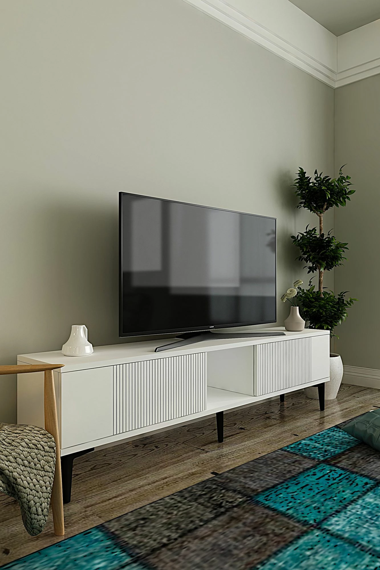 Komodinë TV Skye Decor, Corsa 150, e bardhë