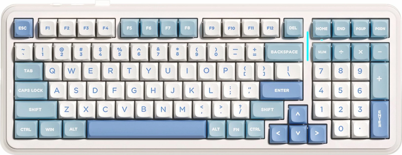 Tastierë mekanike MCHOSE MC-K99V2-4, layout US 96% me numpad, tri-mode USB-C/BT/2.4GHz, RGB, hot-swap, bateri 8000 mAh, bardhë me elemente kaltër