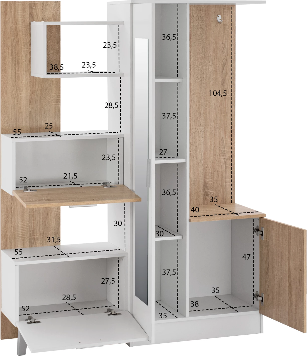 Mobilje hyrëse me rafte dhe pasqyrë, FH2265, e bardhë-sonama, 125.5x37.5x166.5 cm