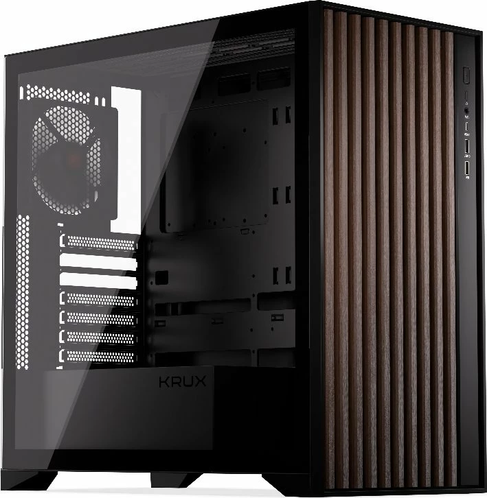 Kasë Krux Palum KRXD008 Midi Tower ATX/Micro-ATX/Mini-ITX, USB-C, 2x120mm fans, pa PSU, zezë/kafe
