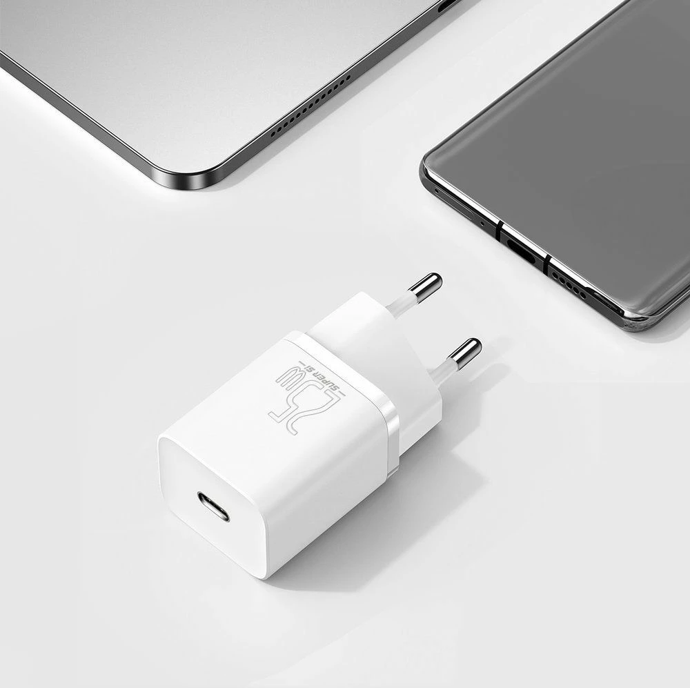 Ngarkues muri Baseus Super Si TZCCSUP-L02 25W USB-C PD 3A, bardhë, set me kabllo USB-C në USB-C 1m